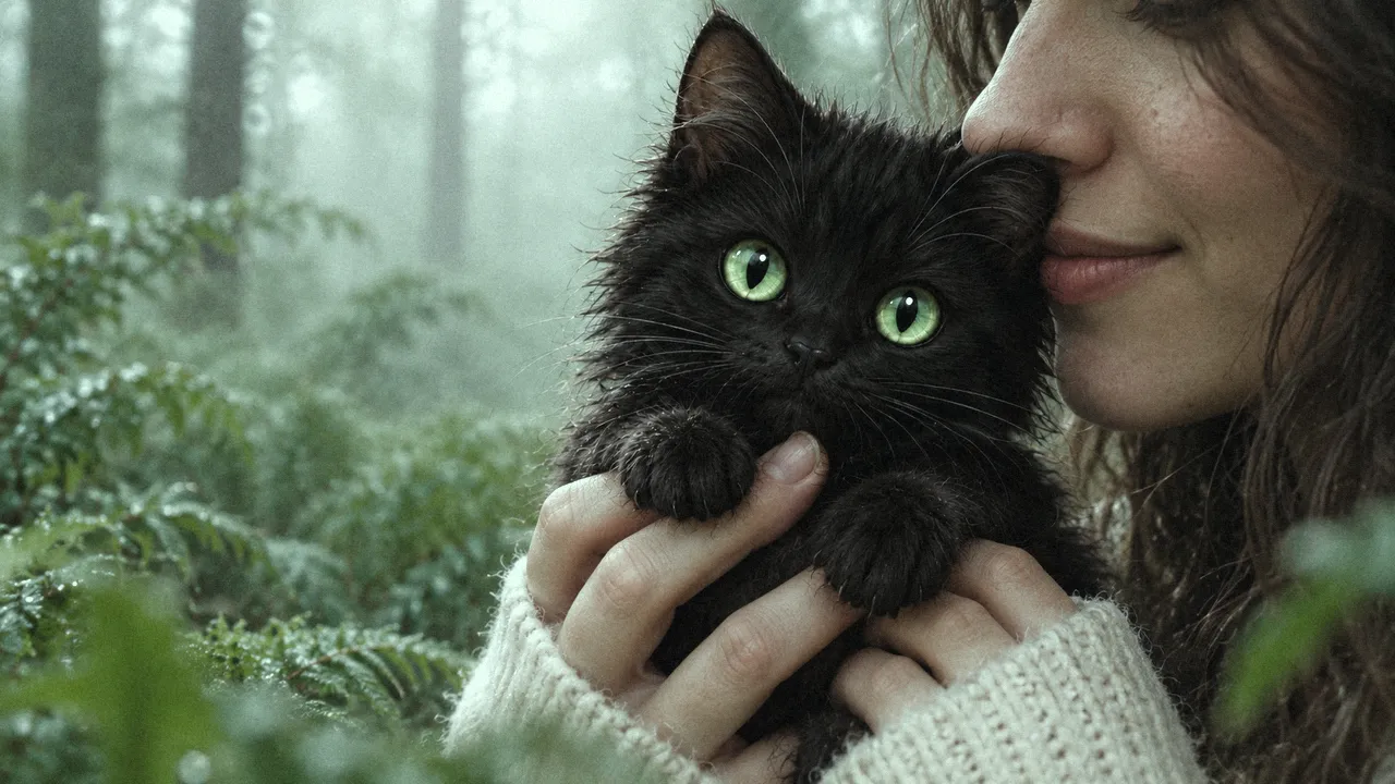Outgrown music video: a black kitten nuzzled by a girl in a misty forest